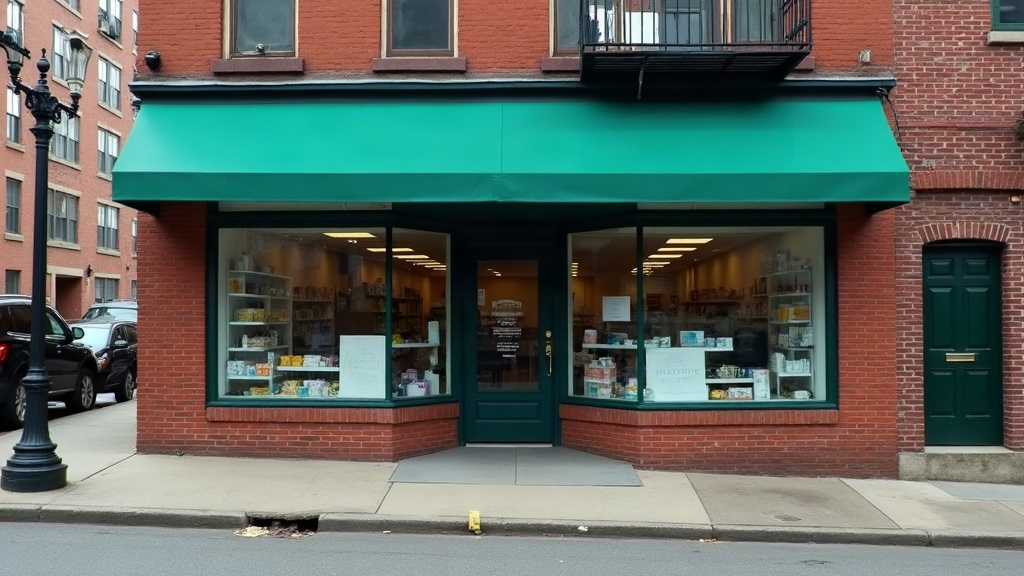 The shop from across the street: a corner unit in a red brick building with a dark green awning, two large display windows with stocked shelving visible inside, a green front door set into the corner, and parked cars at the kerb on an overcast afternoon