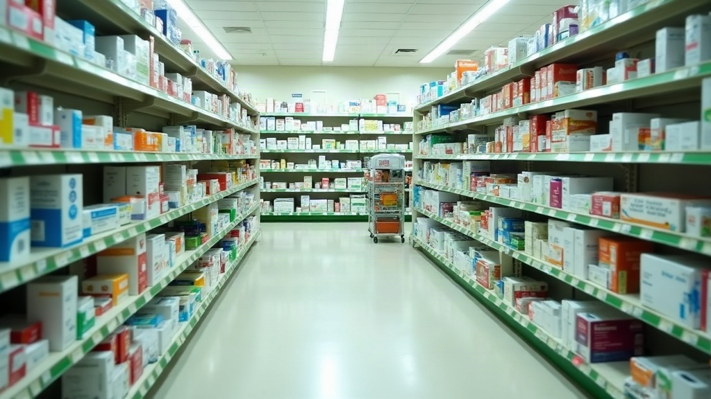 An aisle inside the shop: shelving on both sides stocked with cartons and boxes, green shelf edging, bright ceiling strip lights and a pale polished floor, with a stock trolley parked at the far end