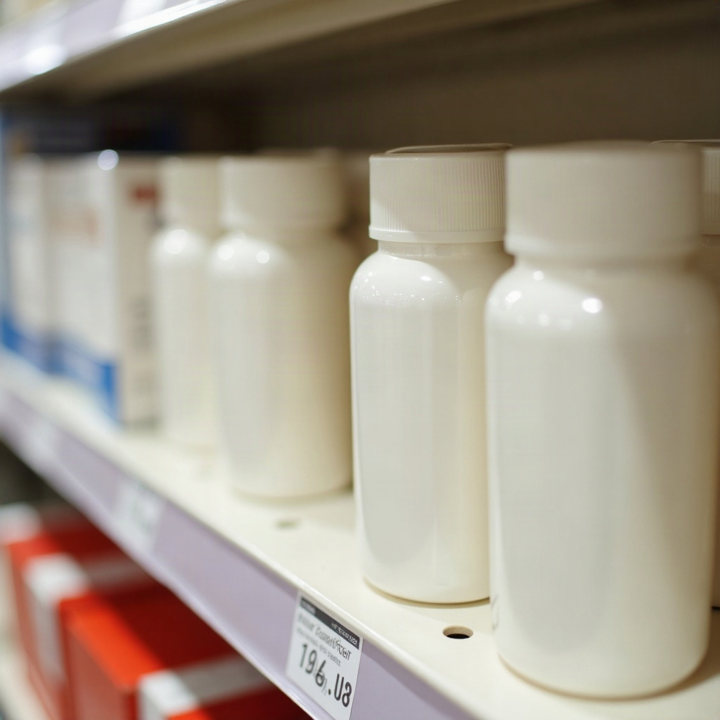 Close-up of a shelf edge: a row of plain white screw-cap bottles faced forward, a small paper price label clipped to the shelf lip, red cartons on the shelf below